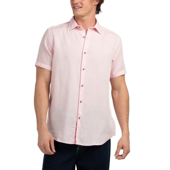 ROBERT GRAHAM Pink Linen Blend Short Sleeve Solid Shirt